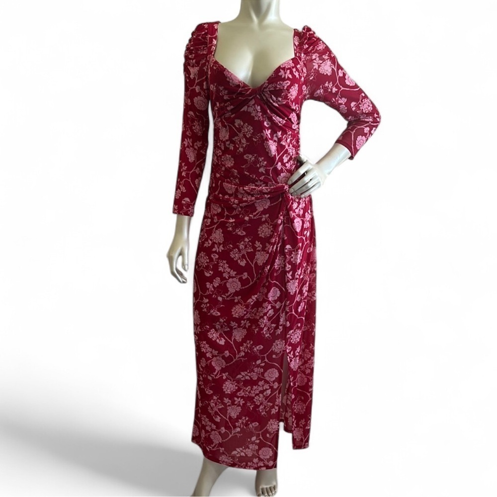 House of Harlow Raspberry Pink Floral Ruched Draped Midi Dress